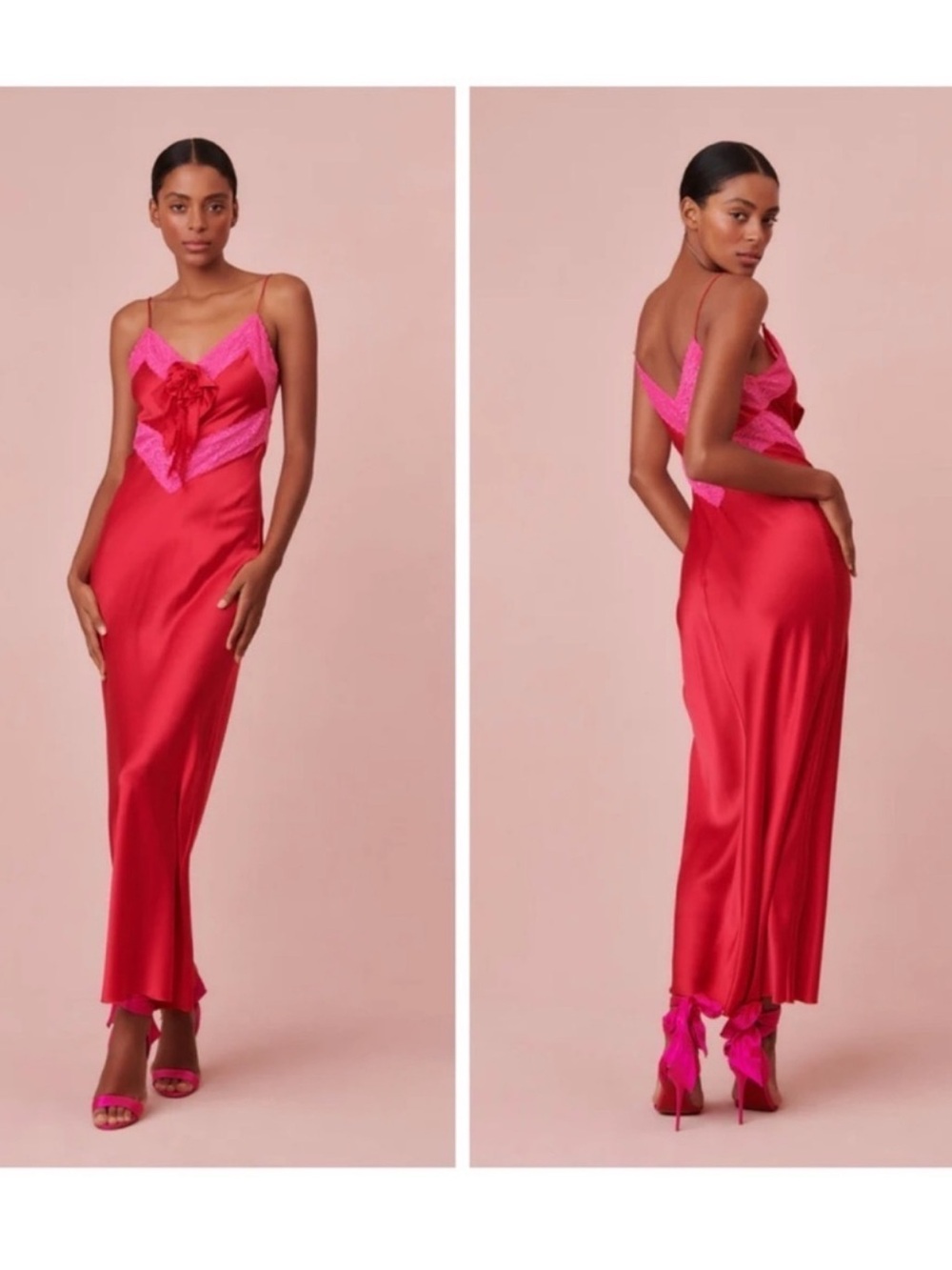 LoveShackFancy Serita Silk Slip Dress Red Pink Lace Back Detail Size L NWT​